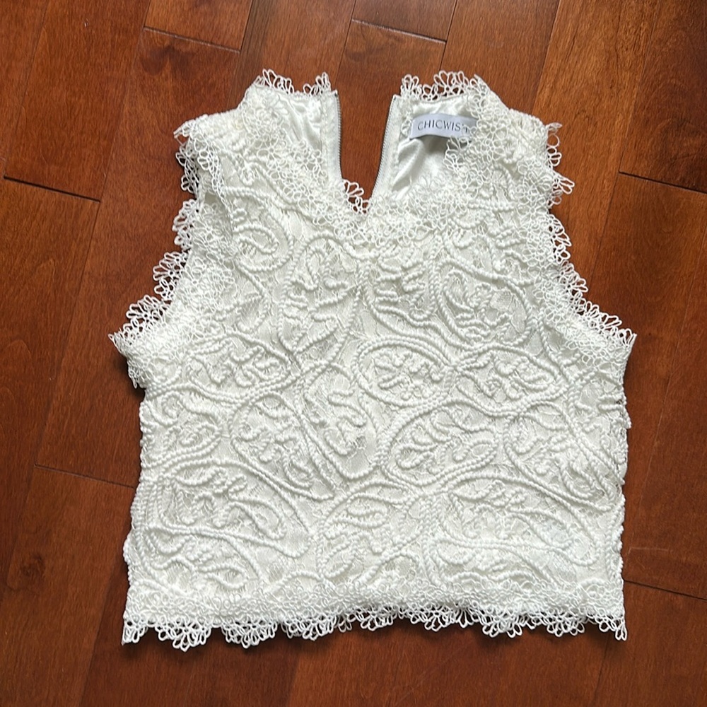 CHICWISH White Stylish Crocheted Zipper Back Tank Blouse